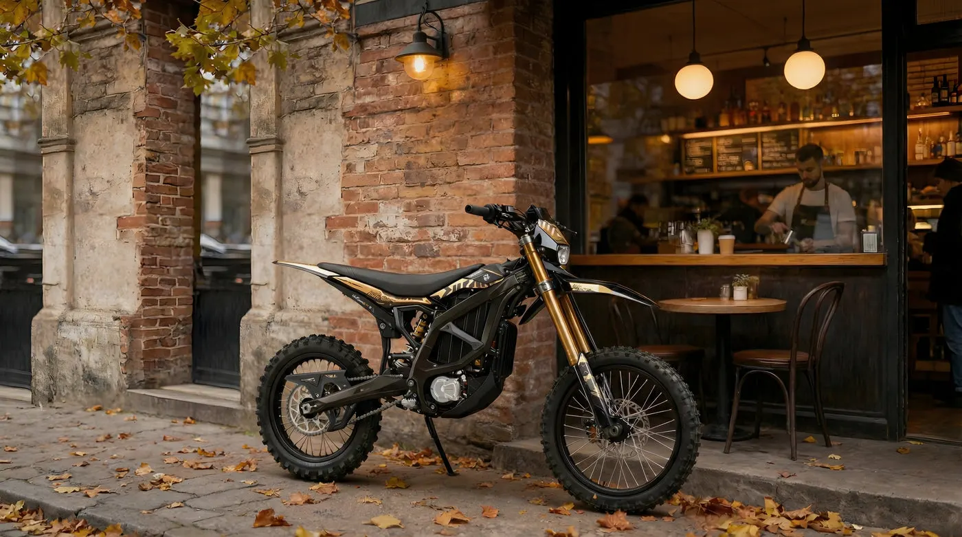 Surron E-Dirtbike vor einem Café – Volthaus Olten